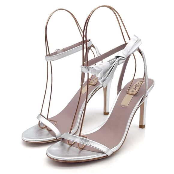 Deltan Miranda Leather Ankle Bow Strappy Dress Sandals Metallic Silver Size 9.5 - Picture 6 of 15